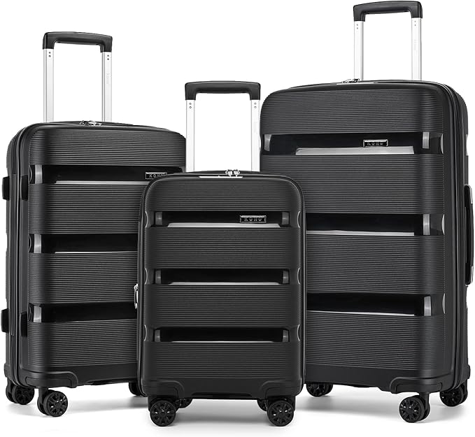 Kono Luggage Sets 3 Piece Hard Shell Travel Trolley 4 Spinner Wheels Lightweight Polypropylene Suitcase with TSA Lock (Black, 20/24/28 Set)