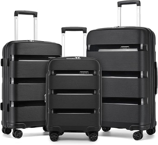 Kono Luggage Sets 3 Piece Hard Shell Travel Trolley 4 Spinner Wheels Lightweight Polypropylene Suitcase with TSA Lock (Black, 20/24/28 Set)