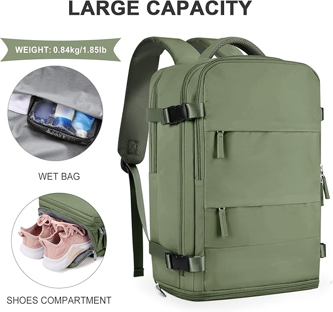 coowoz Large Travel Backpack For Women Men,Carry On Backpack Flight Approved,Hiking Backpacks Waterproof Outdoor Rucksack Casual Daypack Travel Bag Essentials Personal Item Backpack(Gray Green)