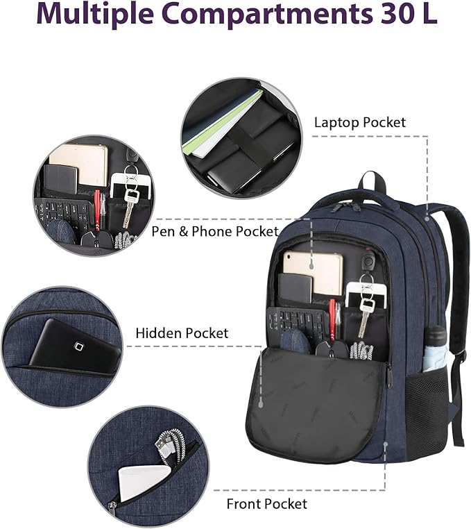 MATEIN 17 Inch Laptop Backpack, Large Work Backpack Travel Carry On TSA Approved with Trolley Sleeve, College Computer Bag with Anti Theft Pocket, Water Resistant Commute Daypack for Men, Dark Blue