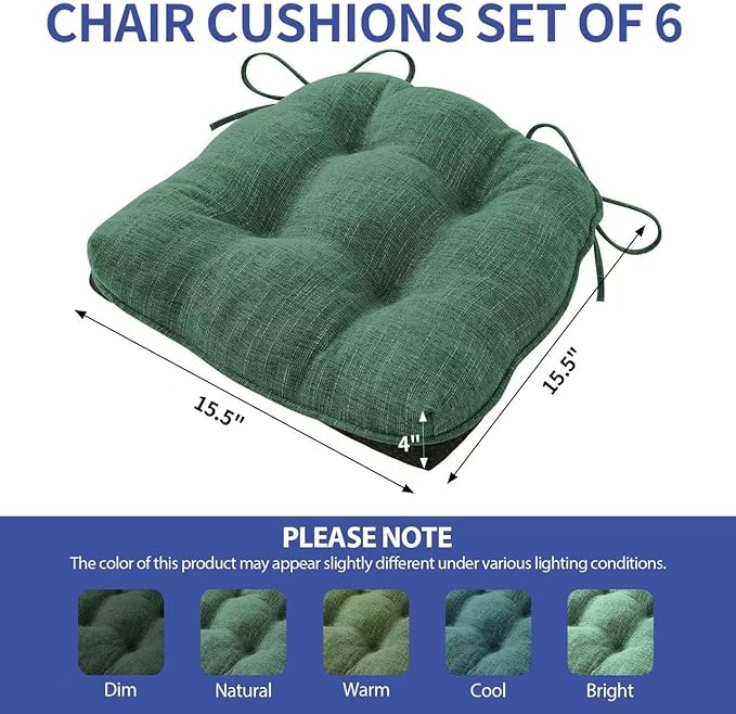 Chair Cushions for Dining Chairs Set of 6, Kitchen Chair Cushions, Chair Pads with Ties Non Slip Backing, Christmas Room Decor, Tufted Memory Foam Seat Cushion 6 Pack, 15.5x15.5x4, Dark Green