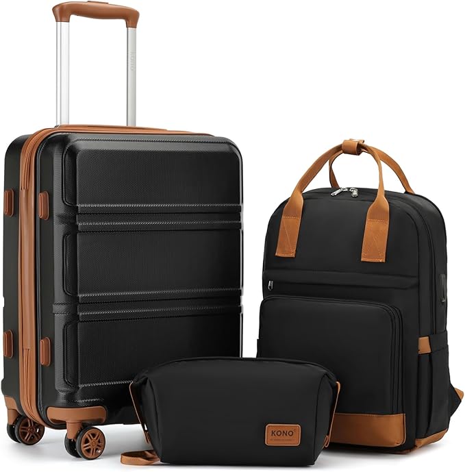 Kono Luggage Set 3 Piece Carry On Hardside Luggage with TSA Lock Spinner Wheels Lightweight PC+ABS Carry On Suitcase Apricot Black