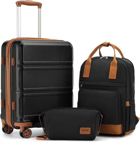 Kono Luggage Set 3 Piece Carry On Hardside Luggage with TSA Lock Spinner Wheels Lightweight PC+ABS Carry On Suitcase Apricot Black