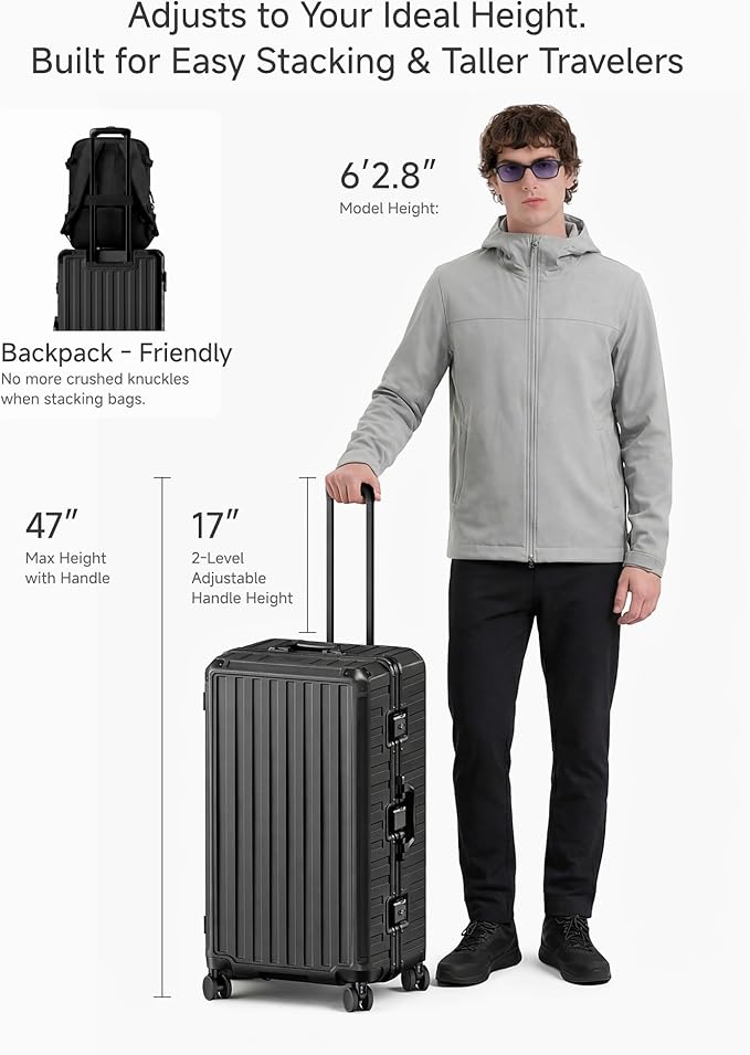 LUGGEX Checked Suitcase with Spinner Wheels, 8010S Aluminum Frame Zipperless Polycarbonate Hard Shell Suitcase with 5 Packing Cubes and a Shoe Bag (ZX-Core, Black, 30 Inch)