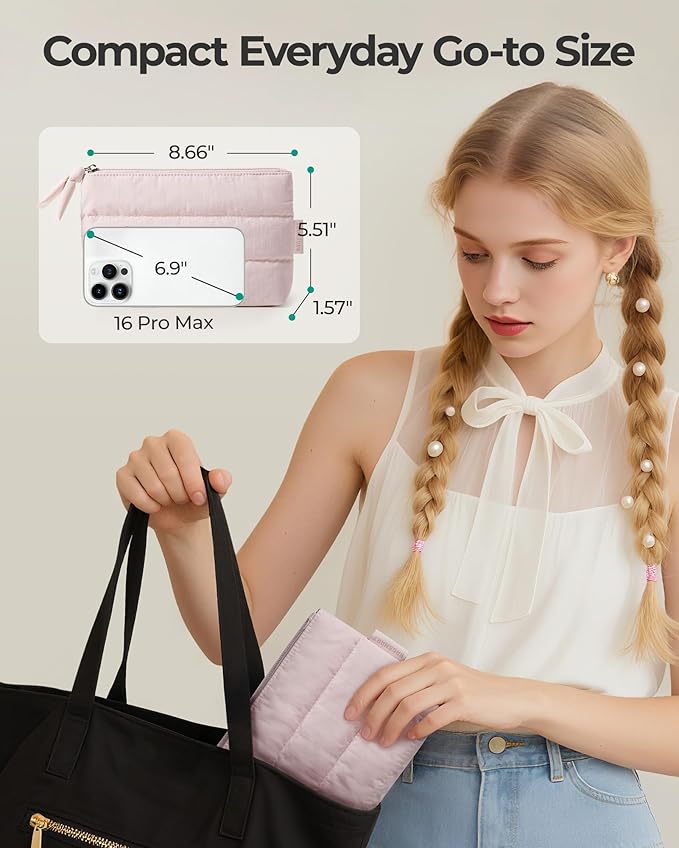 BAGSMART Small Makeup Bag, Puffy Portable Cosmetic Pouch with Charm Zipper, Water-Resistant Travel Organizer for Women (Nude Pink, Small)