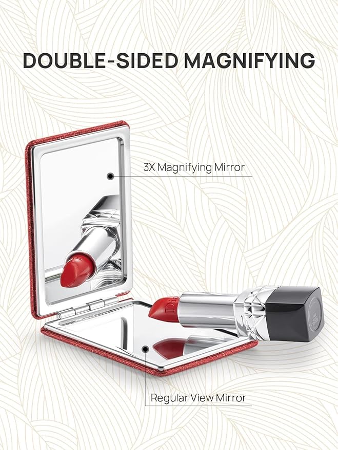 OMIRO Compact Mirror, Glitter PU Leather 1X/3X Magnification, Ultra Portable for Purses, 2.4" W x 3.4" L (Red)