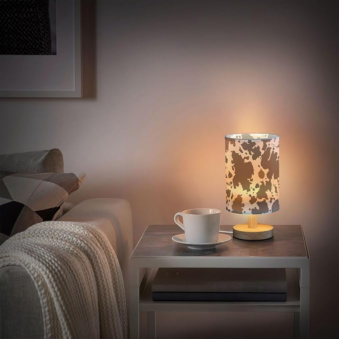 Table Lamp Cow Skin Brown Cowhide Pattern Nightstand Lamp with Wood Base Fabric Lamp Shade Bedside Desk Lamp for Living Room Bedroom Kids Room Office