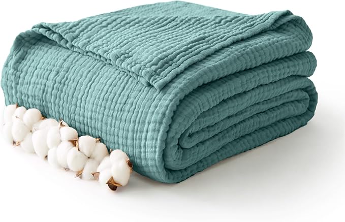 100% Cotton Muslin Blanket 40" x 40", Breathable and Lightweight Cotton Throw Blankets, Soft Cooling Summer Gauze Blanket for All Season, Teal Blue