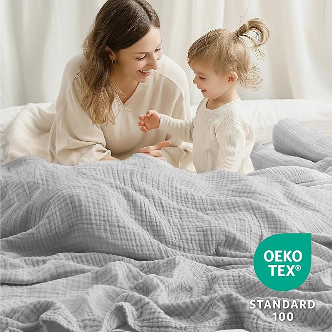 100% Cotton Muslin Blanket Twin 66" x 90", Breathable and Lightweight Cotton Twin Blankets for Couch, Soft Cooling Summer Gauze Blanket for Adults All Season, Light Grey