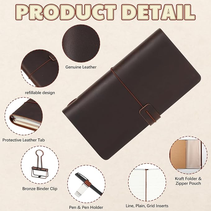 Thenshop Travelers Refillable Leather Journal Notebook Travel Diary Handmade Passport Travelers Journal for Men and Women with 3 Notebook Inserts, Pen Holder, Binder Clip(Dark Brown,Stand Size)