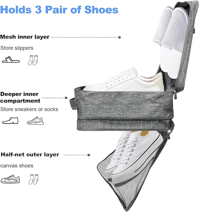 Large Shoe Bags for Travel, Shoe Travel Bag Holds 3 Pairs of Shoes, Travel Shoe Bags for Packing in Suitcase, Portable Dance Shoe Storage Pouch, Shoe Organizer, Sneaker Storage Bag (Grey)