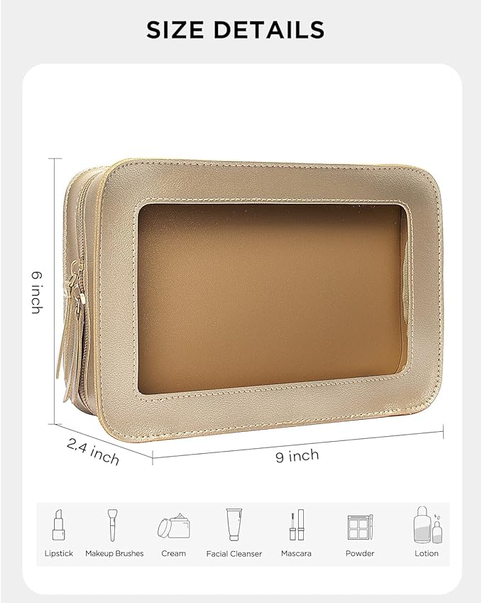 LETGO Clear Makeup Bags, TSA Approved Toiletry Bag with Zipper, Small Makeup Organizer Fit Carry-on Travel Essentials,Portable Travel Clear Cosmetic Bags Pouch for Women Men (Golden)