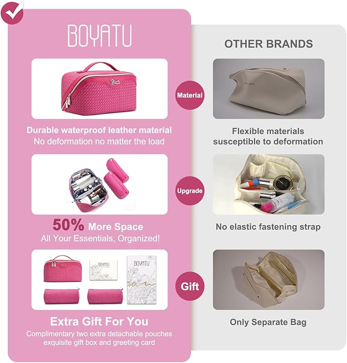 BOYATU Travel Makeup Bags for Women: Large Capacity Make up Bag with Wide Opening - 3 Pcs Set Waterproof Travel Toiletry Organizer for Full-Sized Bottles, Cosmetics & Brushes (Plum-W)