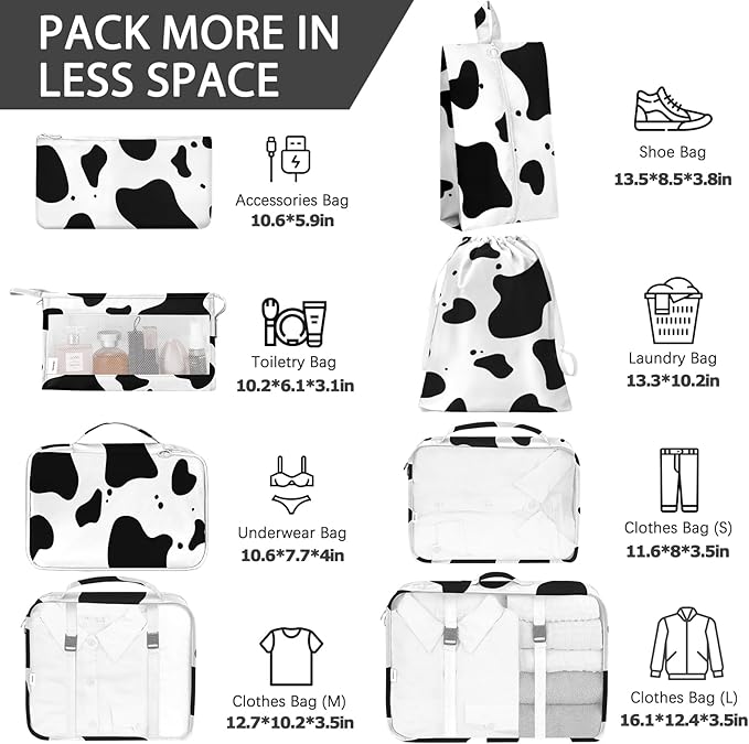 KPX 8 Set Packing Cubes for Travel, Luggage Packing Organizers Accessories Large Toiletries Bag for Clothes Shoes Cosmetics (Cow)