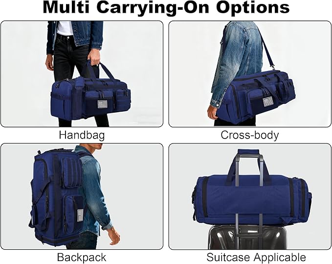 LHI 50L Tactical Duffle Bag for Men, 3-in-1 Gym Duffle and Backpack, Shoe Compartment, Laptop Sleeve and MOLLE, Carry-On Travel Weekender and Overnight Bag – Blue