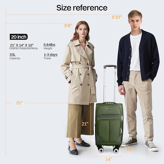 20" Luggage, Softside Suitcase with LOCK,Expandable Luggage w/Double Spinner Wheels, Lightweight Rolling Suitcases for Travel Carry On Luggage（Green-Grey,20in）