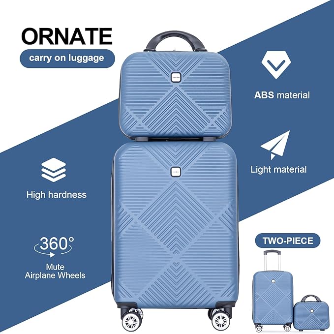 2 Piece Carry on Luggage Set, Airline Approved 20 Inch Luggage with Cosmetic Case HardShell Suitcase with Spinner Wheels, Lightweight Durable Hardside Suitcases Set, Blue