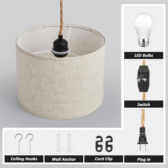 KUAUGST Plug in Pendant Light, Hanging Light with Plug in Cord with Dimmable Switch, Hanging Lamp with 15ft Hemp Rope, Beige Linen Shade, Fixture for Bedroom, Living Room 2 Pack