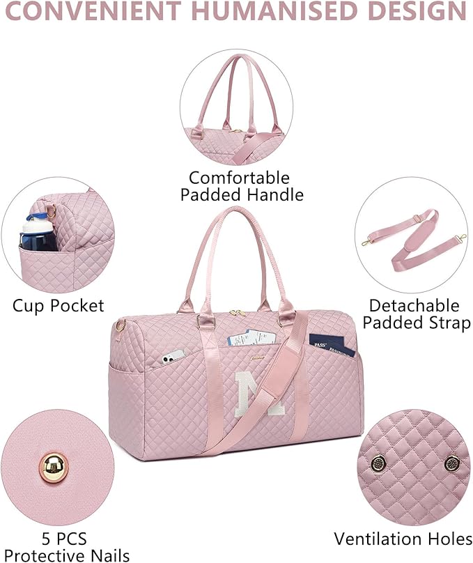 Women Weekender Travel Duffle Bag: Initial Duffel Overnight Bags with Shoe Compartment Large Carry on Tote with Toiletry Bag Weekend Traveling Yoga Gym Hospital Bag for Women with Wet Pocket Letter M