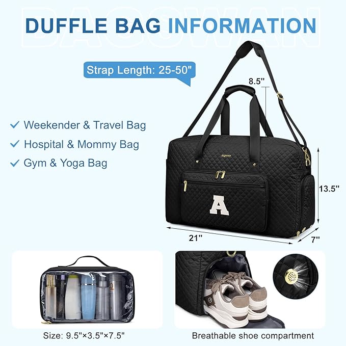 Initial Travel Duffle Bags for Women - Personalized Weekender Bag with Shoe Compartment Overnight Bags with Toiletry Bag Hospital Bag for Women Birthday Gifts for Mom Wife Friends Black (Letter A)