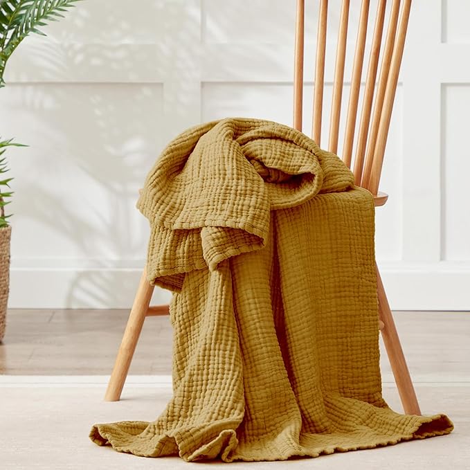 100% Cotton Muslin Blanket Twin 66" x 90", 6 Layers Breathable and Lightweight Cotton Blankets for Couch, Soft Cooling Summer Gauze Blanket for Adults All Season, Mustard
