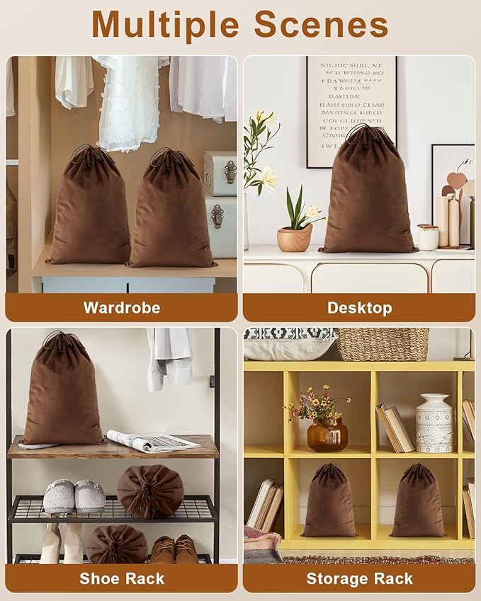 FantasyLife Shoe Bags for Travel, 17.3"x12.6" Washable Dust Bags for Storage & Packing, Flannel Shoe Pouch with Drawstring Closure for Purses, Handbags, Shoes & Toys (4, Mocha Mousse)