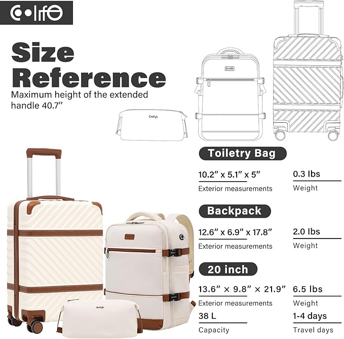 Coolife Luggage Set Suitcase Carry On Luggage PC Hardshell Luggage TSA Lock Spinner Wheels Telescopic Handle