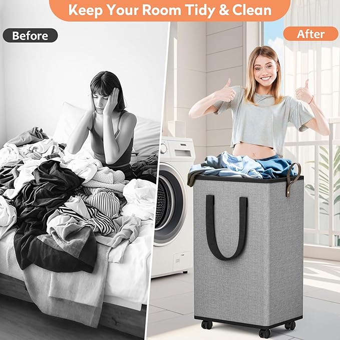 Laundry Basket with Wheels, Collapsible Laundry Baskets, Laundry Hamper with Handles Detachable Wheels, Rolling Laundry Basket, Dirty Clothes Hamper for Bathroom, Dorm, Bedroom, Grey, 100L