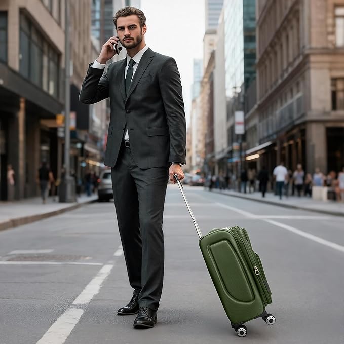 20" Luggage, Softside Suitcase with LOCK,Expandable Luggage w/Double Spinner Wheels, Lightweight Rolling Suitcases for Travel Carry On Luggage（Green-Grey,20in）