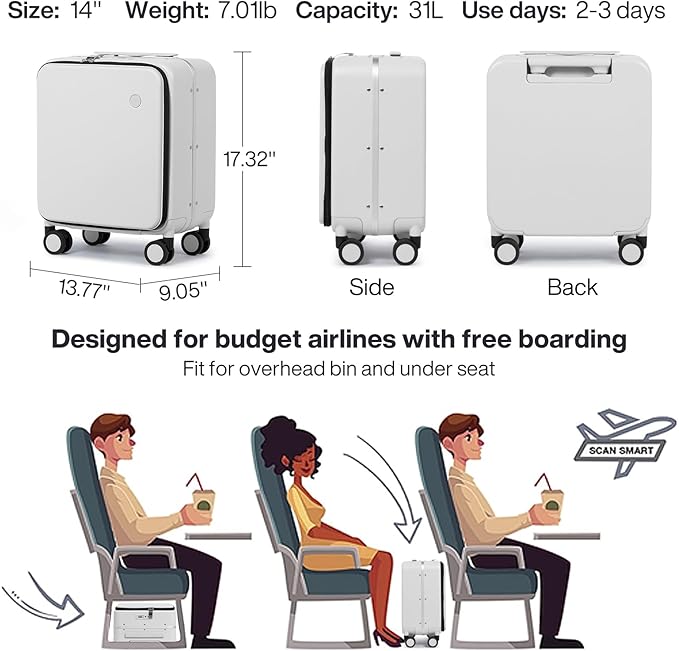mixi 17x14x9 Carry On Luggage Underseat PC Hard Shell Suitcase Top Opening Aluminum Frame Travel Suitcases with Wheels, Smoke White