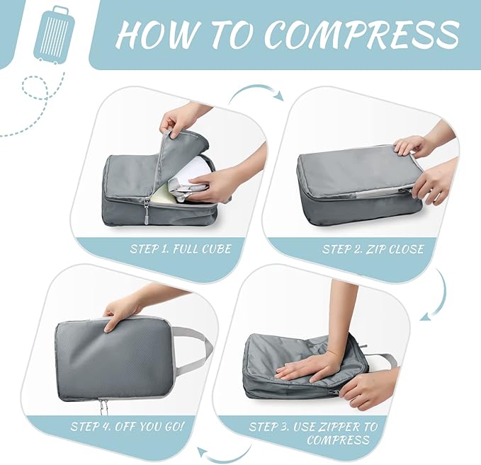 WOOMADA Compression Packing Cubes for Suitcases Travel Essentials 8 Set Expandable Travel Bags Organizer for Luggage(concrete grey)