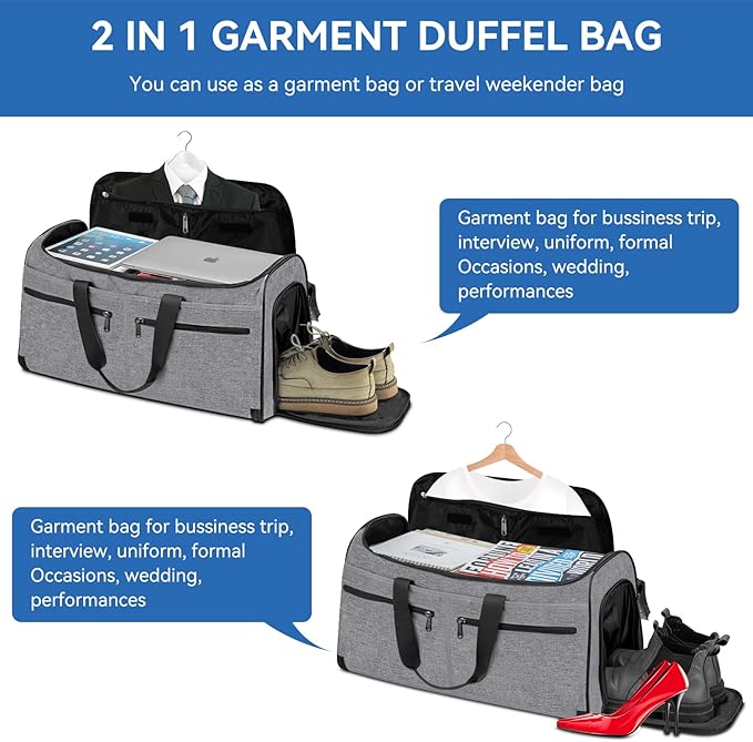 Carry on Garment Bag for Travel, Bukere Convertible Travel Duffel Suit with Shoe Compartment, Detachable Shoulder Strap, 2 in 1 Weekender Men Women