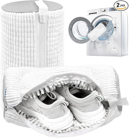 Shoe Washing Machine Bag,Laundry Shoe Bag for Washer and Dryer,Reusable Shoe Cleaning Bag for Sneakers,Tennis Shoes,With Self-locking Zipper, Microfiber Inside (Lite White - 2 Pack)