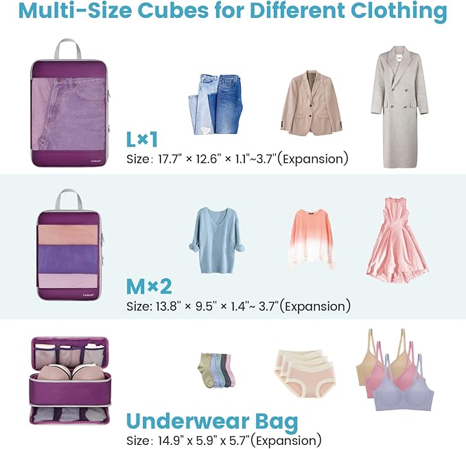 Cambond Compression Packing Cubes - 4 Set See Through Mesh Packing Cubes for Travel, Expandable Travel Essentials Packing Organizers for Carry on Suitcases with 3-in-1 Underwear Bag, Purple