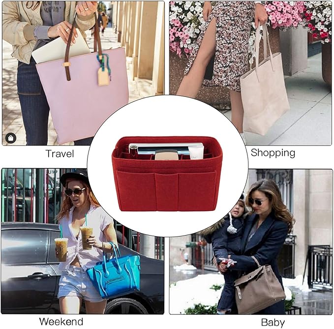 ZTUJO Purse Organizer Insert, Felt Bag Organizer For Handbag, 13 Colors, 6 Sizes (Slender Medium, Red)