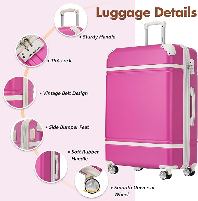 Merax 24 Inch Checked Luggage, Expandable Suitcase with Spinner Wheels, Hard Shell Vintage Luggage Set with TSA Lock(Pink)