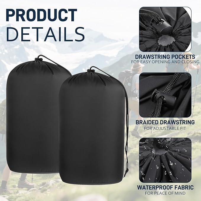 Quinnsus 2-Pack Stuff Sack, Waterproof Outdoor Storage Sack Drawstring Bag, Lightweight Ripstop Sleeping Bag Compression Sack for Camping Hiking Backpacking