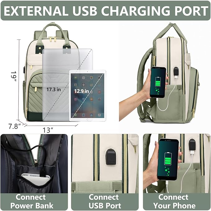 Laptop Backpack for Women Work Bag - Fits 17.3 Inch Laptop Bag Travel Work Backpack Anti-theft Bags with USB Charging Business Computer Waterproof Backpack Purse for Nurse Teacher Beige Light Green