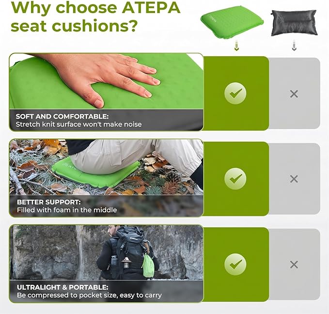 ATEPA Inflatable Seat Cushion, Self-Inflating Portable Stadium Airplane Travel Foam Cushion Pad for Camping, Sports Events, Outdoor