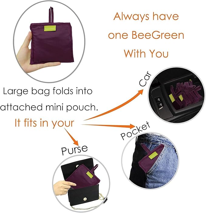 BeeGreen Cerise Reusable Grocery Bags Wholesale Reusable Kitchen Bags Bulk Foldable-Machine Washable with Zipper Storage Pouch 50 Packs