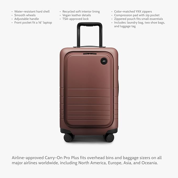 Monos Carry-On Pro Plus Luggage (23"), Hardside Spinner Suitcase with TSA Lock & Front Pocket, Airline Approved, Terracotta, Red