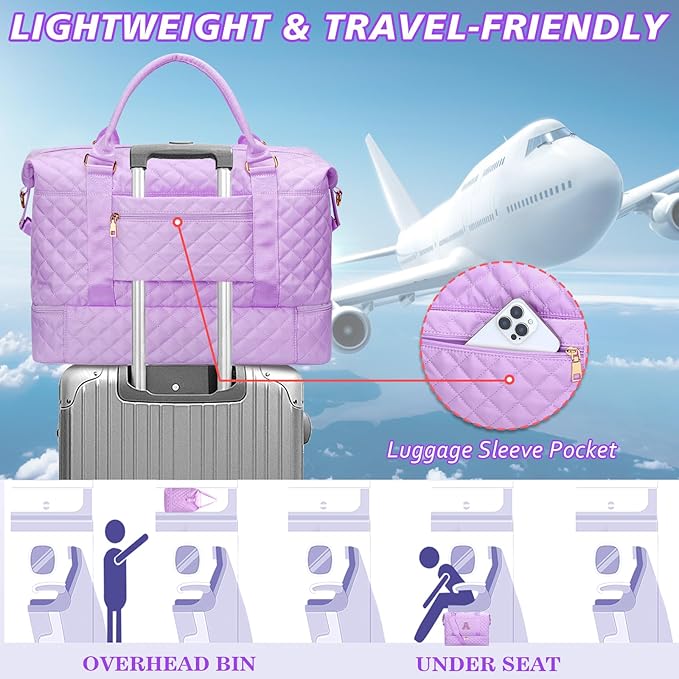 Gifts for Teen Girls Initial Travel Duffle Bag Quilted Weekender Bags Carry-On Overnight with Cosmetic Bag, Gym Bag with Shoe Compartment, Purple-E