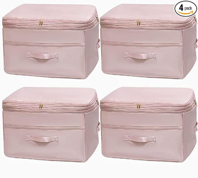 Ultra Space Saving Self Compression Organizers, 4 Pack Double Zipper Compression Packing Cubes for Bedding, Comforter Storage Bag for Blankets Duvet Quilts Pillows Queen King (Pink, X-Large)