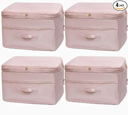 Ultra Space Saving Self Compression Organizers, 4 Pack Double Zipper Compression Packing Cubes for Bedding, Comforter Storage Bag for Blankets Duvet Quilts Pillows Queen King (Pink, X-Large)