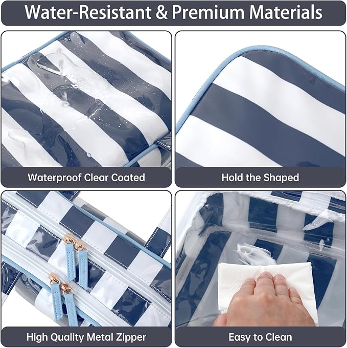 Travel Toiletry Bag for Women, Waterproof Clear Coated Portable Stripe Makeup Cosmetic Bag with Compartment, Travel Organizer for Shampoo, Conditioner, Brushes Set,Cosmetic Accessories(White-Navy)
