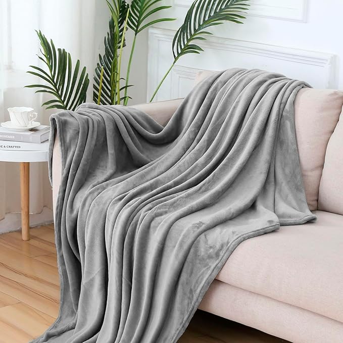 Travel Blanket Pillow Set - Travel Neck Pillow & Blanket for Airplane, Thick Fleece Plane Blanket, Hooded Memory Foam Neck Pillows, Foldable Duffel Bag, Sleep Mask, Earplugs for Plane Traveling, Gray