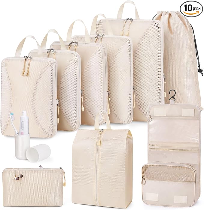 Compression Packing Cubes 10 Sets, Packing Organizers, Extensible Suitcase Organiser Bags, Travel Organizer Cubes for Travel Essentials Beige