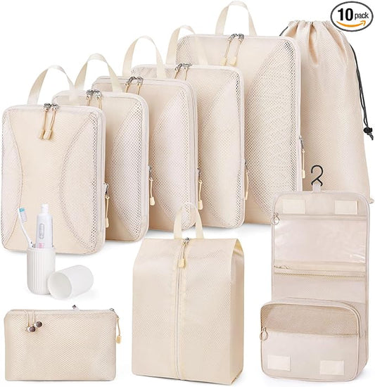 Compression Packing Cubes 10 Sets, Packing Organizers, Extensible Suitcase Organiser Bags, Travel Organizer Cubes for Travel Essentials Beige