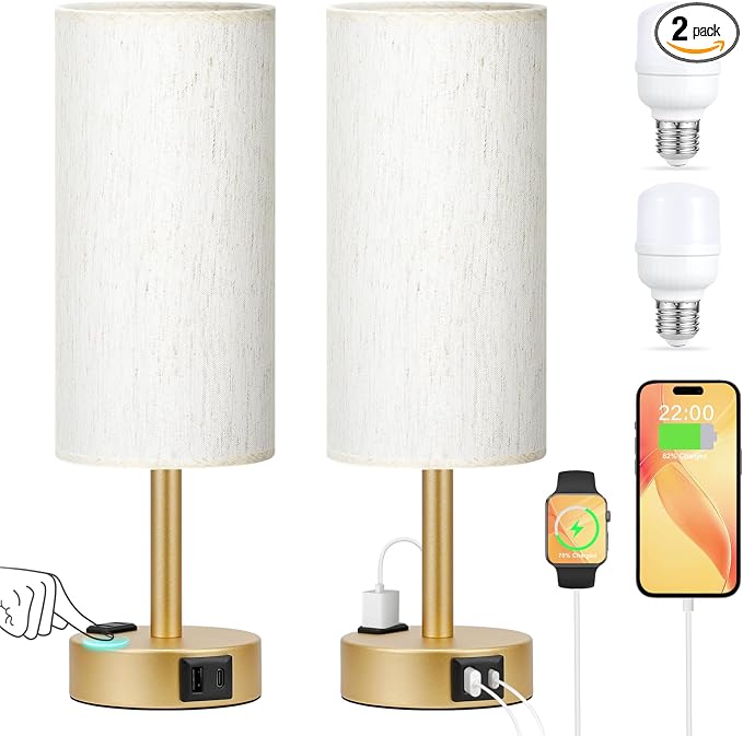 Touch Bedside Table Lamps Set of 2 - Bedroom Lamp with USB A+C, AC Outlet | 3-Way Dimmable, LED Bulb Included, Linen-Texture Fabric Lampshade, Matte Gold Metal Base, 14" Small Nightstand Lamp for Dorm
