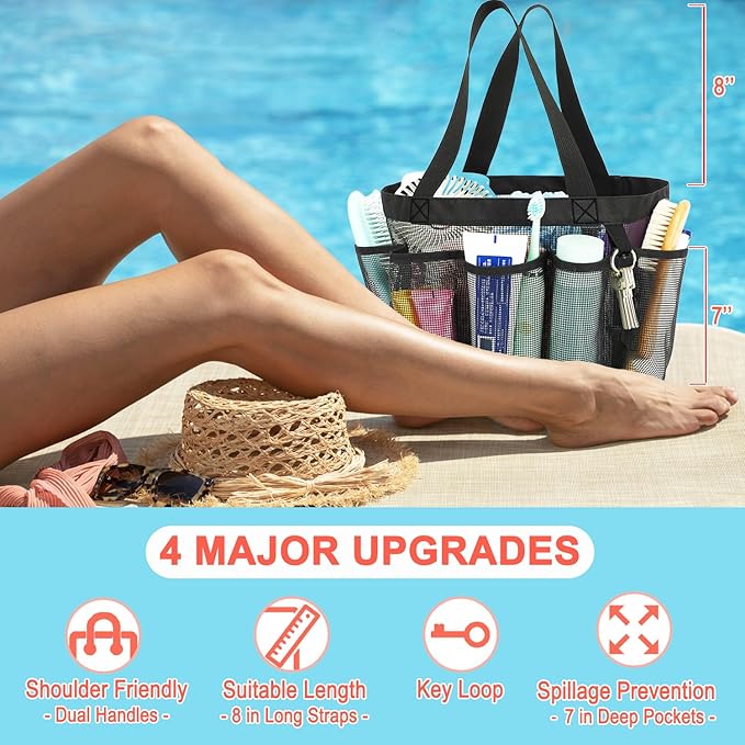 Fammart Mesh Shower Caddy Portable for College Dorm Room Essentials, 8-Pocket Large Shower Basket Tote Bag with 2 Handles for Toiletry, Bathroom, Beach, Camp, Gym